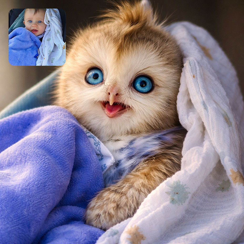 Wide‑eyed baby with startling blue eyes bundled in a purple blanket and a soft muslin, making a delighted surprised face as if announcing tiny world domination from a cozy car seat.