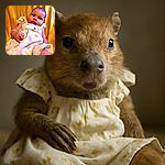 A chubby-cheeked baby in a cream-colored dress lounges against a vibrant yellow background, looking curiously at the camera with big dark eyes, while the soft fabric and gentle lighting add a warm, cozy feel to the portrait.