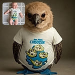 A chubby-cheeked baby lies on a textured crocheted blanket, smiling sweetly while wearing a playful onesie featuring a colorful cartoon alien crew and the words 'I HAVE BEEN CHOSEN'. The soft lighting highlights the baby's joyful expression and the cozy setting.