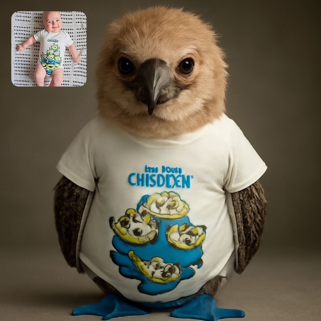 A chubby-cheeked baby lies on a textured crocheted blanket, smiling sweetly while wearing a playful onesie featuring a colorful cartoon alien crew and the words 'I HAVE BEEN CHOSEN'. The soft lighting highlights the baby's joyful expression and the cozy setting.