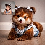A cheerful toddler with adorable pigtails tied with white bows is lying on the floor, flashing a bright smile. She's dressed in a floral top and denim overalls, looking straight into the camera with sparkling eyes, set against a simple indoor background.