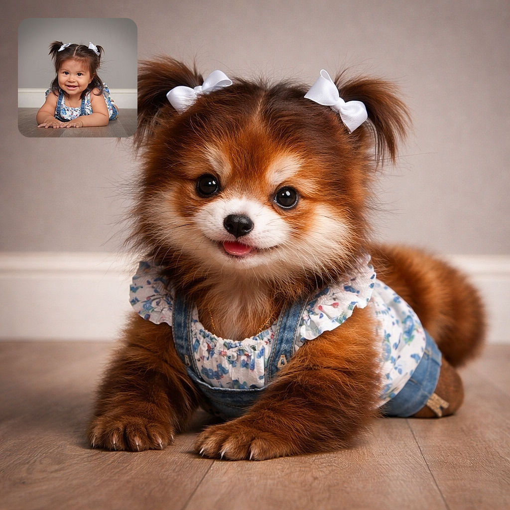 A cheerful toddler with adorable pigtails tied with white bows is lying on the floor, flashing a bright smile. She's dressed in a floral top and denim overalls, looking straight into the camera with sparkling eyes, set against a simple indoor background.