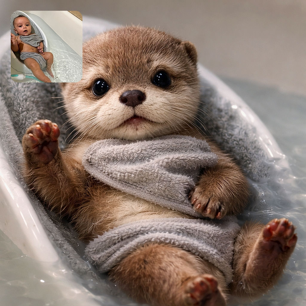 An adorable baby is lounging comfortably in a baby bath seat inside a bathtub filled with water, wrapped in a cozy gray towel. The baby looks relaxed and slightly curious, with water rippling gently around their legs. The scene is warm and homey, capturing a sweet and peaceful bath time moment.