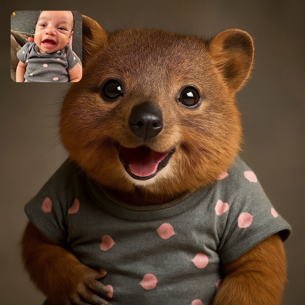 A close-up shot of a joyful baby wearing a grey polka dot onesie, smiling widely with bright eyes, held gently by a person wearing camouflage pants, with a soft carpet background and a small yellow toy in the corner.