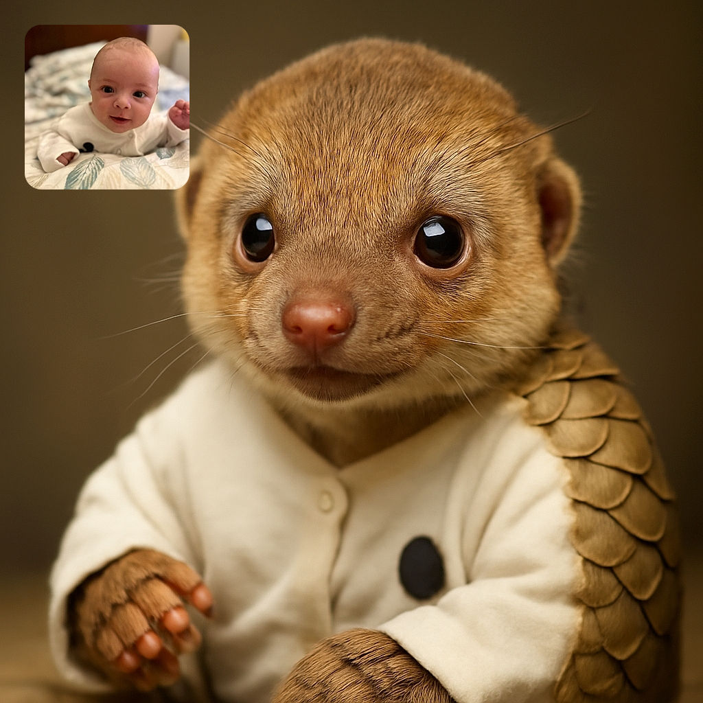A curious baby is lying on a patterned blanket, looking directly at the camera with wide eyes and a slight smile, surrounded by a softly blurred background that emphasizes the innocence and warmth of the moment.