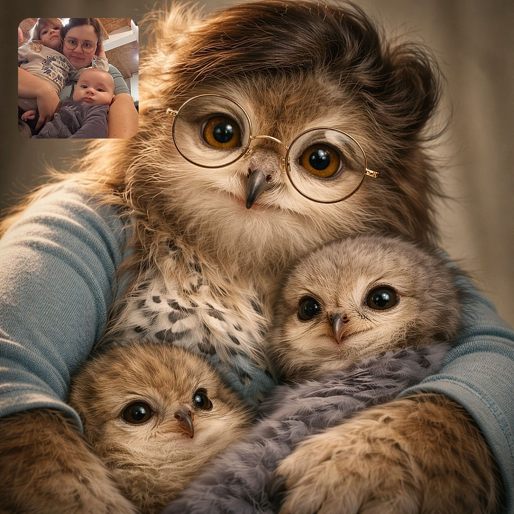 A cozy, slightly goofy low-angle selfie of three faces stacked together: a calm baby in the foreground, a curious toddler peeking from the left, and a bespectacled older sibling or parent smiling in the middle — all framed under exposed wooden ceiling beams. Warm, candid, and full of family energy.