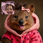 A joyful baby bundled up in a fluffy pink jacket with matching bows in curly hair, flashing a big toothy grin while sitting comfortably in a car seat, radiating pure happiness and warmth.