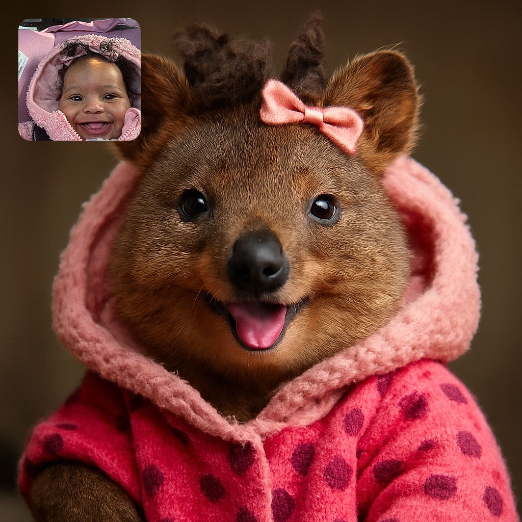 A joyful baby bundled up in a fluffy pink jacket with matching bows in curly hair, flashing a big toothy grin while sitting comfortably in a car seat, radiating pure happiness and warmth.