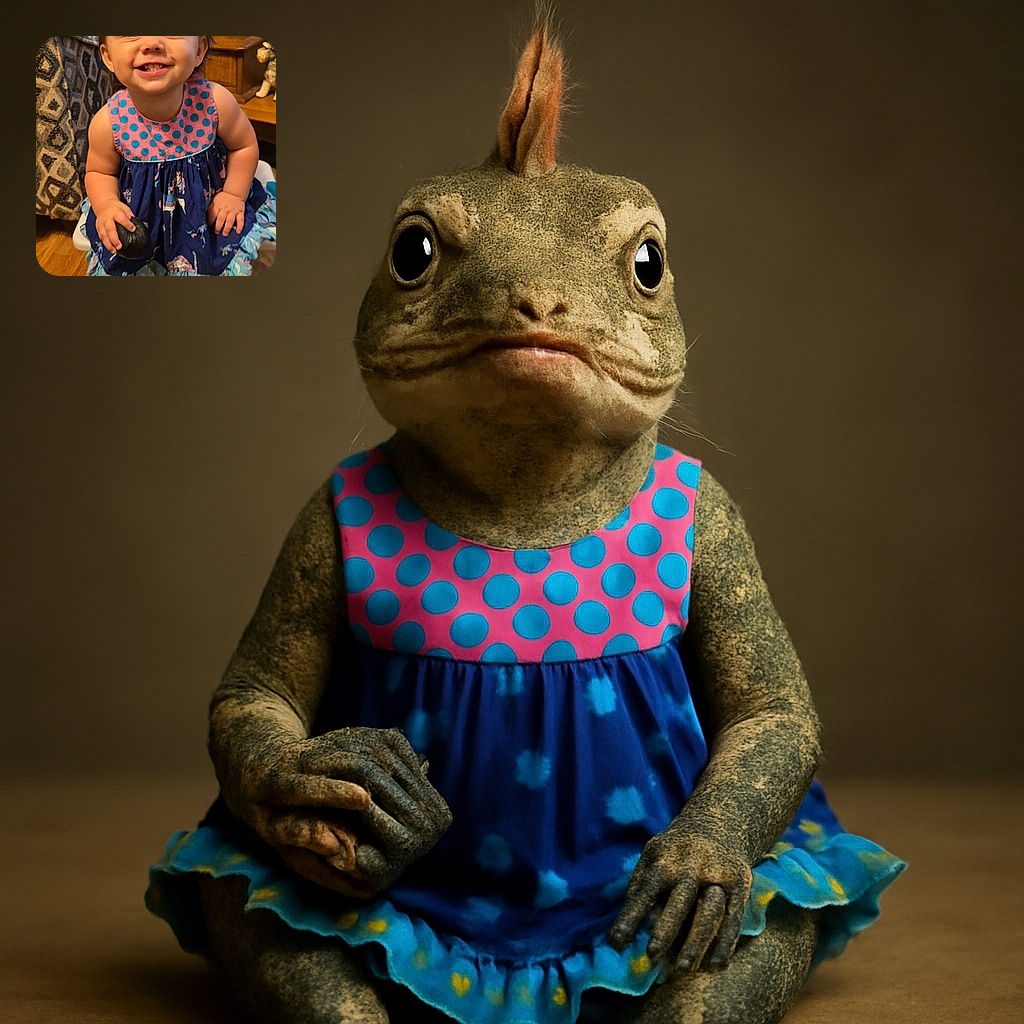 A cheerful toddler with a tiny ponytail is sitting on a plastic container, wearing a colorful dress with polka dots and carousel horses, holding a black object, and flashing a bright smile that could light up any room. The background is a cozy living space with a patterned blanket, a laundry basket, and a TV screen glowing blue.