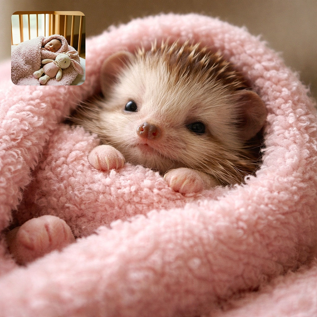 A peacefully sleeping baby wrapped snugly in a fluffy pink blanket, lying in a wooden crib with a cute pink and white bunny plush toy resting beside them, radiating pure cozy innocence.