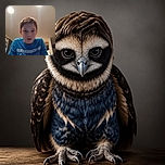 A young boy in a bright blue shirt leans toward the camera with the serious concentration of a tiny detective, while two partial faces peek in from the edges and the ceiling lights provide dramatic interrogation-room vibes.