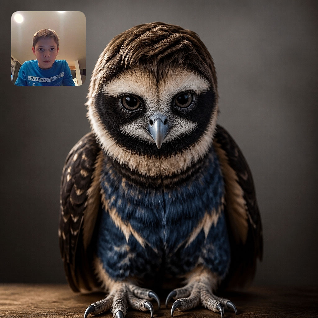 A young boy in a bright blue shirt leans toward the camera with the serious concentration of a tiny detective, while two partial faces peek in from the edges and the ceiling lights provide dramatic interrogation-room vibes.