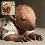 A close-up photo of a calm baby lying on a white blanket, wearing a cozy onesie with cute animal prints. The soft lighting highlights the baby's delicate features and fine hair, creating a peaceful and heartwarming scene.