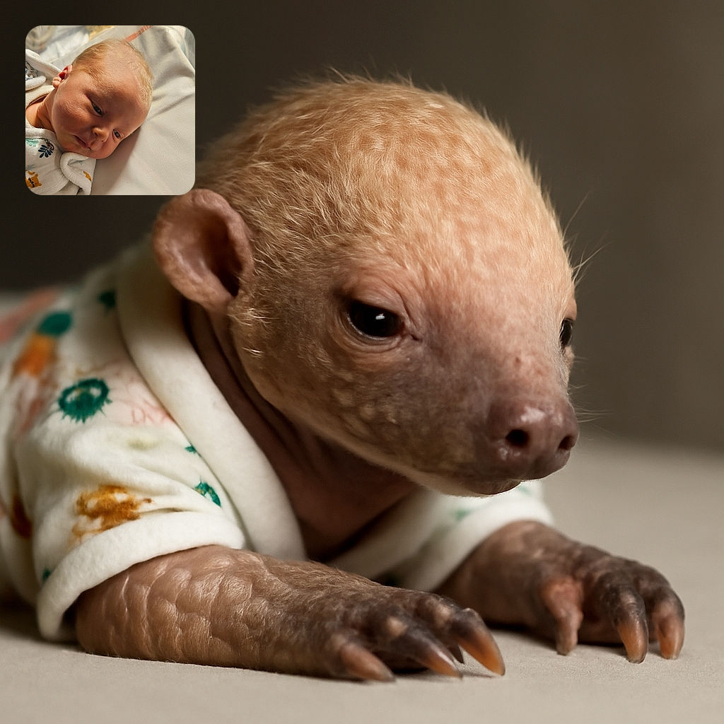 A close-up photo of a calm baby lying on a white blanket, wearing a cozy onesie with cute animal prints. The soft lighting highlights the baby's delicate features and fine hair, creating a peaceful and heartwarming scene.