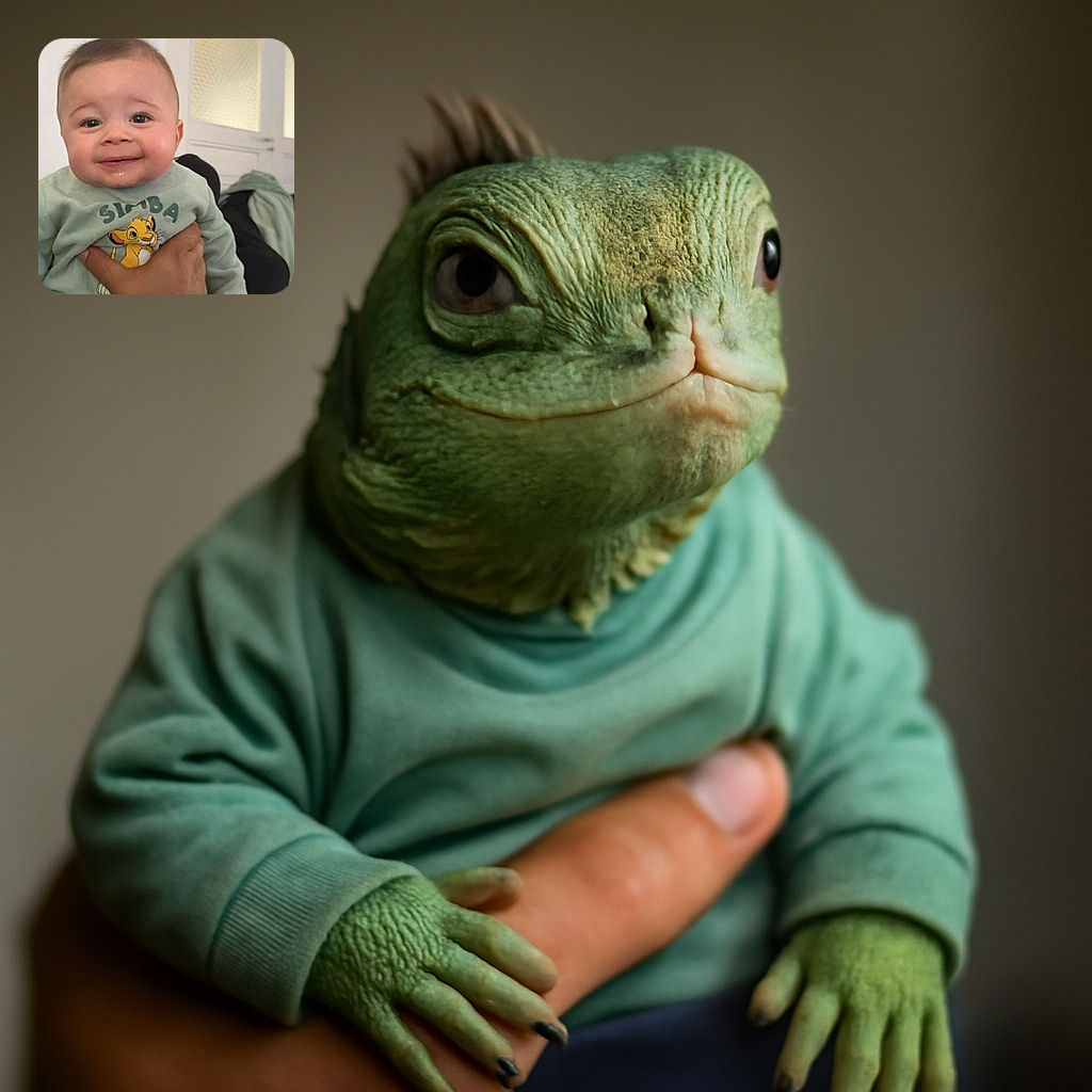 A chubby-cheeked baby with a gleeful smile is being held up by an adult hand, wearing a cute Simba-themed outfit. The background shows a softly lit, cozy indoor setting with a door and frosted glass panels.