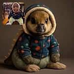 An adorable baby bundled up in a cozy dinosaur-themed jacket and soft pants sits on a wooden chair, looking up with wide, curious eyes in a warmly lit room filled with wooden chairs and a cross on the wall, giving a charming mix of cuteness and serene atmosphere.