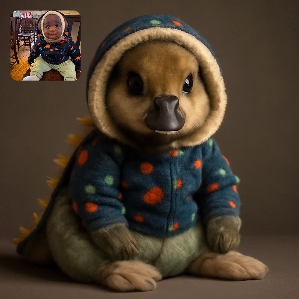 An adorable baby bundled up in a cozy dinosaur-themed jacket and soft pants sits on a wooden chair, looking up with wide, curious eyes in a warmly lit room filled with wooden chairs and a cross on the wall, giving a charming mix of cuteness and serene atmosphere.