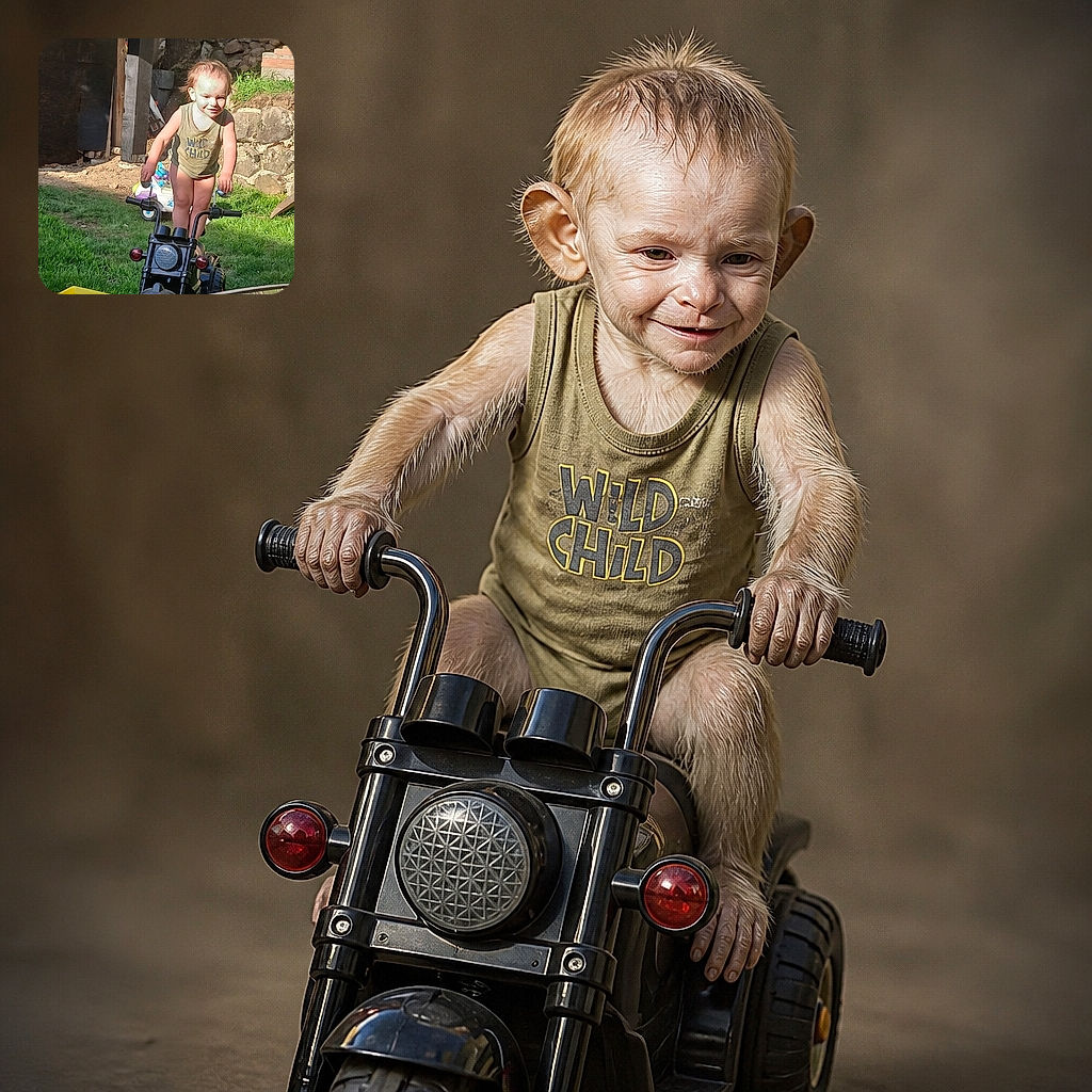 A cheerful toddler is posing on a tiny black ride-on motorcycle, looking like the world’s smallest biker gang leader while cruising through the backyard. Bright sunlight, green grass, rocks, garden furniture, and a yellow toy wagon complete the playful outdoor scene.