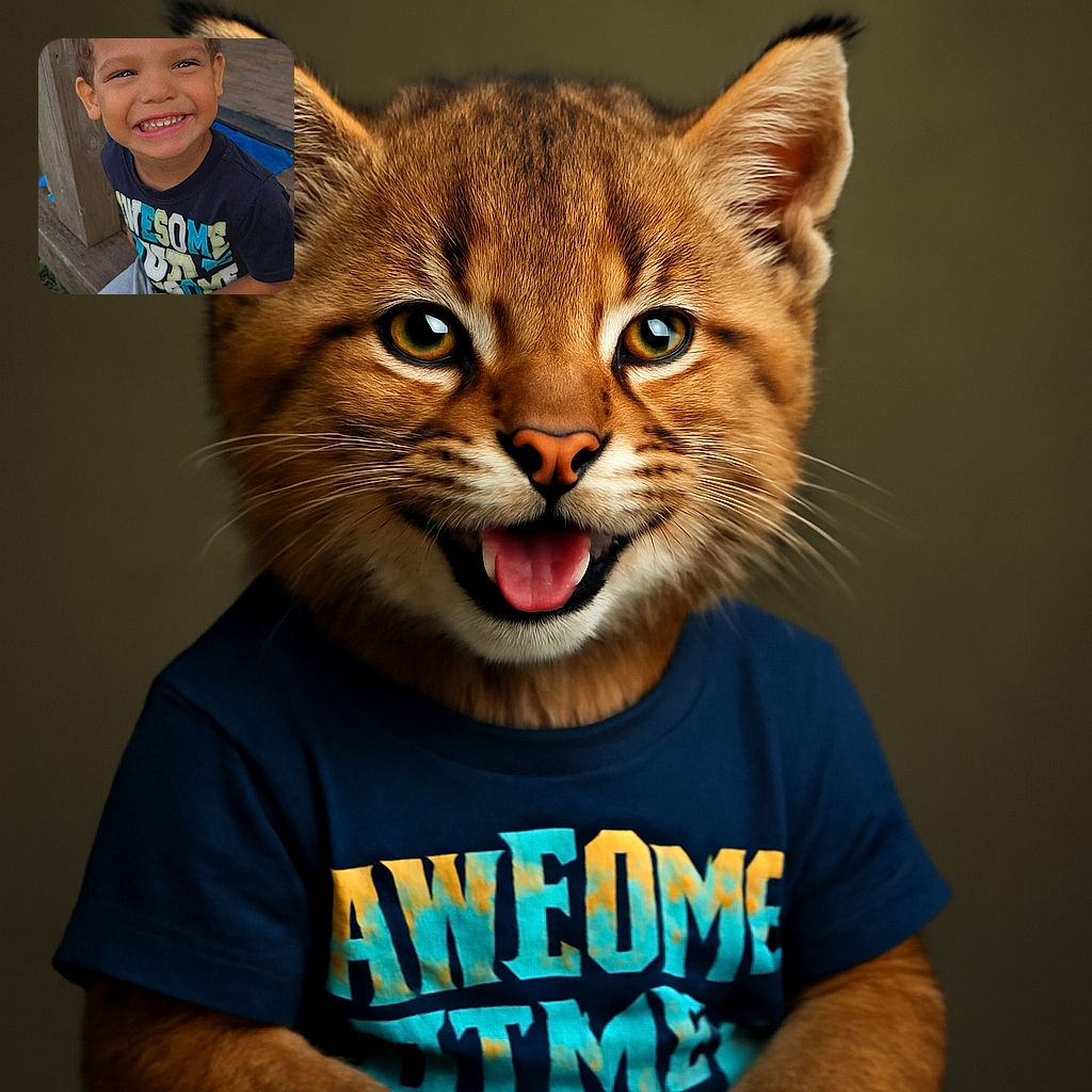 A cheerful young boy with a big smile showing off his teeth, sitting on a wooden porch with a colorful 'AWESOME' shirt and cozy grey pants, radiating pure joy and innocence.