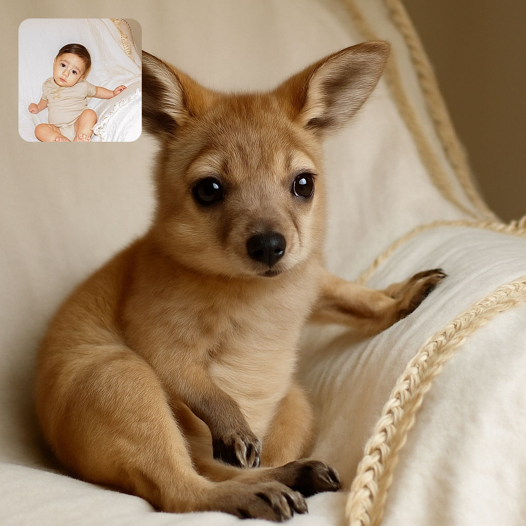 An adorable baby with a curious expression sits comfortably on a white textured blanket draped over a couch, wearing a beige onesie with a small stain, looking like the tiniest philosopher pondering life's mysteries.