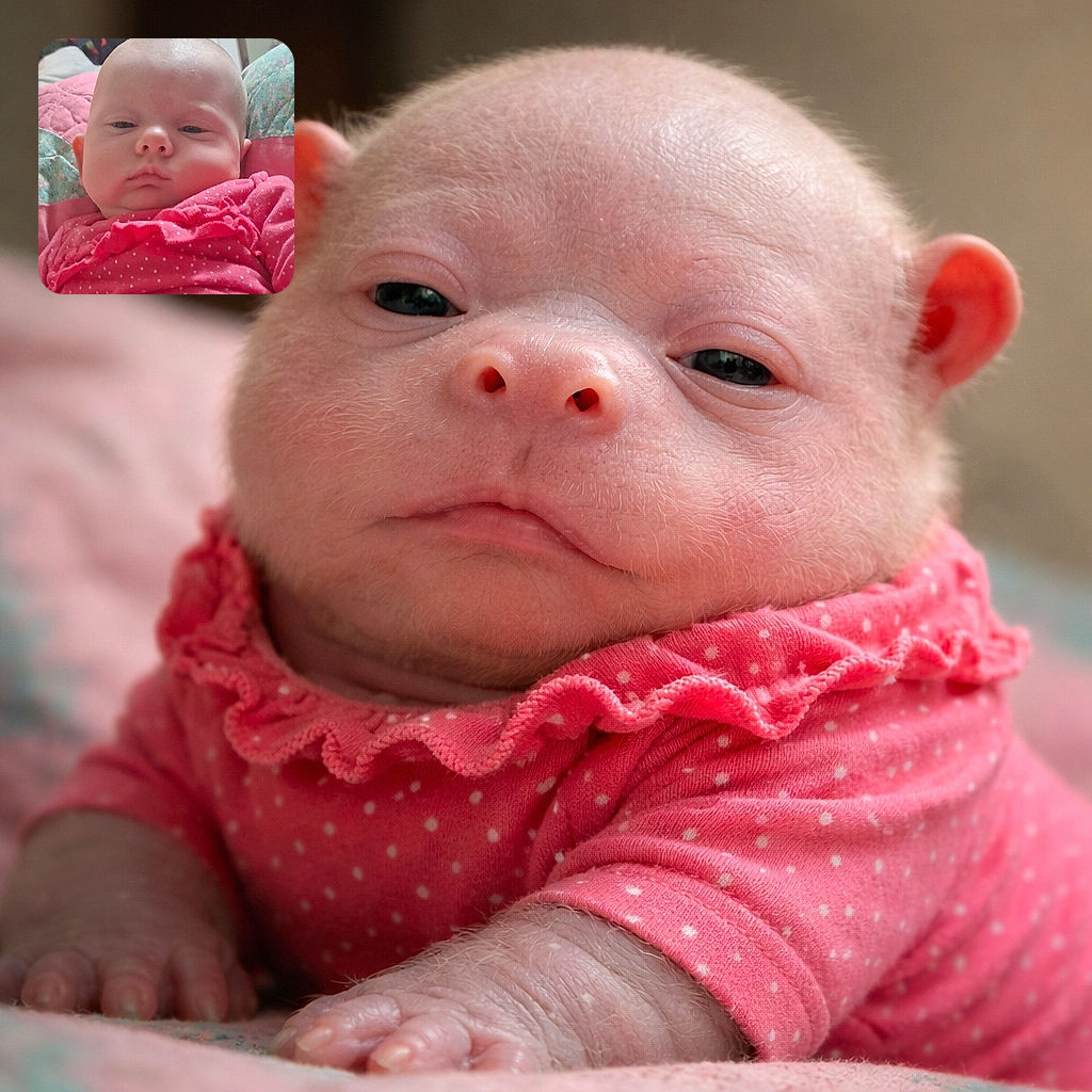 A close-up of a baby in a pink polka-dot outfit looking sleepy or contemplative, surrounded by soft blankets and a cozy indoor setting.