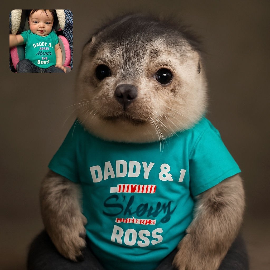 A cute baby with sparkling eyes and a cheeky smile is sitting comfortably in a cozy car seat, wearing a teal shirt with a humorous slogan about family hierarchy. The baby seems to be reaching out, perhaps waving or playing, surrounded by soft blankets and cushions.