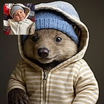 A chubby-cheeked baby bundled up in a cozy striped hoodie and a knitted gray beanie, lying on a colorful patchwork blanket, giving the camera an adorable, slightly curious expression.