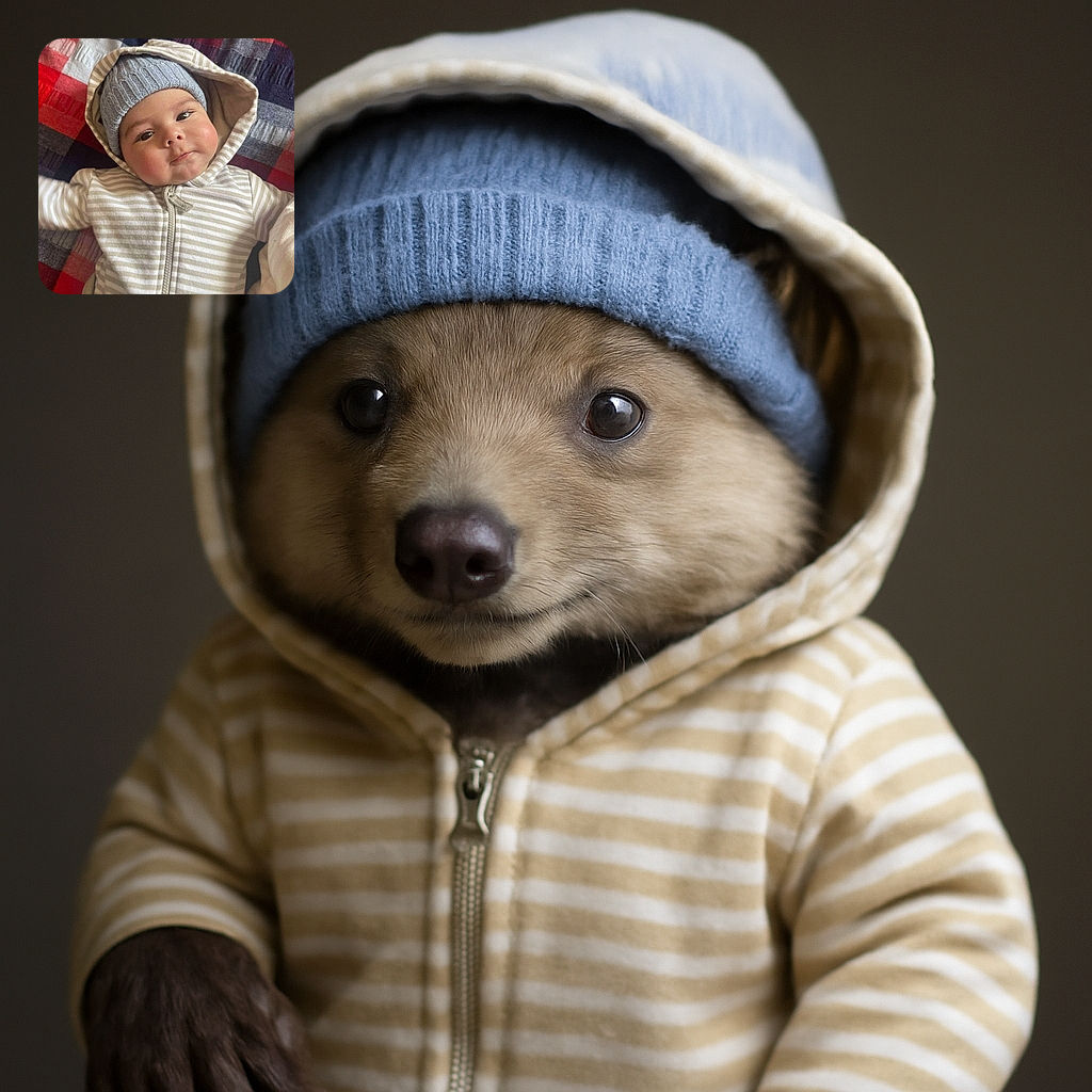 A chubby-cheeked baby bundled up in a cozy striped hoodie and a knitted gray beanie, lying on a colorful patchwork blanket, giving the camera an adorable, slightly curious expression.