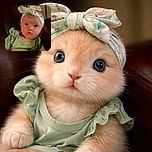 A wide-eyed baby with a floral headband and a mint-green ruffled shirt stares curiously at the camera while lounging on a dark leather couch, looking both adorable and slightly bewildered.