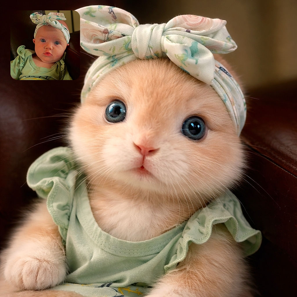 A wide-eyed baby with a floral headband and a mint-green ruffled shirt stares curiously at the camera while lounging on a dark leather couch, looking both adorable and slightly bewildered.