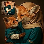 A heartwarming moment captured in a mirror selfie where a woman wearing a beige hijab lovingly holds a smiling toddler dressed in matching teal and gold-trimmed outfits. They share a close, affectionate gaze, radiating warmth and family love in a cozy indoor setting.