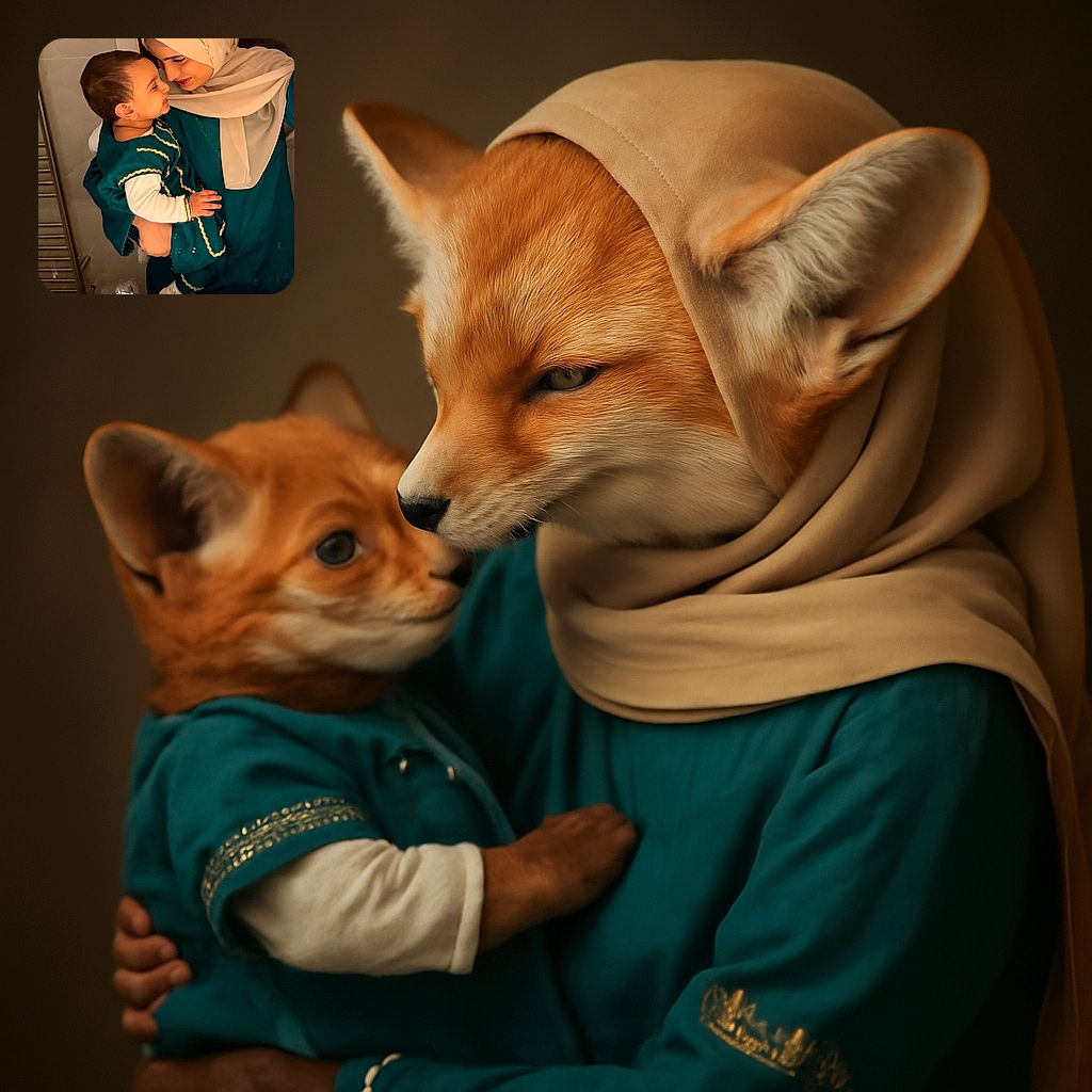 A heartwarming moment captured in a mirror selfie where a woman wearing a beige hijab lovingly holds a smiling toddler dressed in matching teal and gold-trimmed outfits. They share a close, affectionate gaze, radiating warmth and family love in a cozy indoor setting.