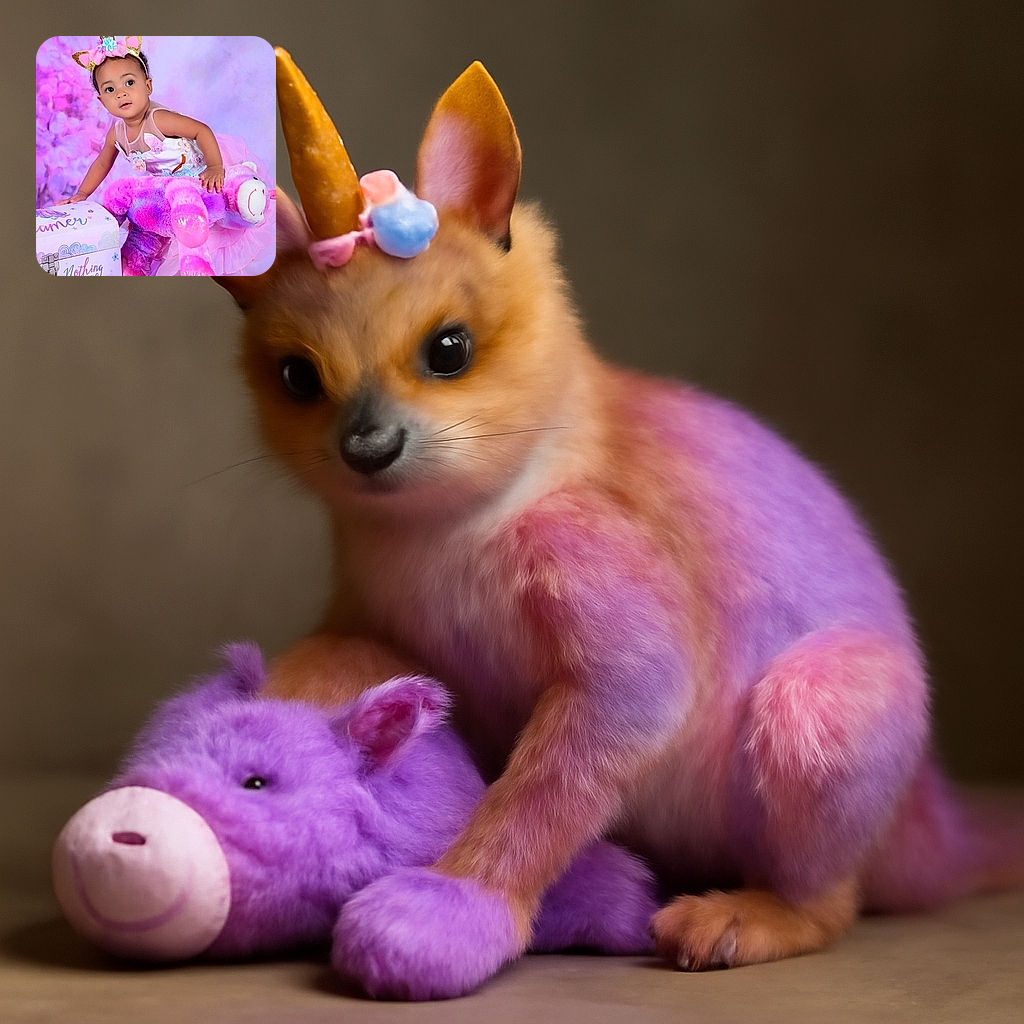 A charming toddler dressed in a pastel pink dress and a golden unicorn headband is caught mid-action holding a large, colorful stuffed bear. The background is a soft blend of purple and pink hues, creating a dreamy, whimsical atmosphere. Nearby, a decorative box with the inspiring phrase 'Nothing is Impossible' adds a magical touch to the scene.