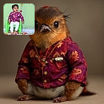 A charming toddler dressed in a vibrant purple floral jacket and white pants sits barefoot on a bright green plastic chair, surrounded by scattered flower petals and treats, looking curiously off to the side with a festive backdrop of colorful decorations.