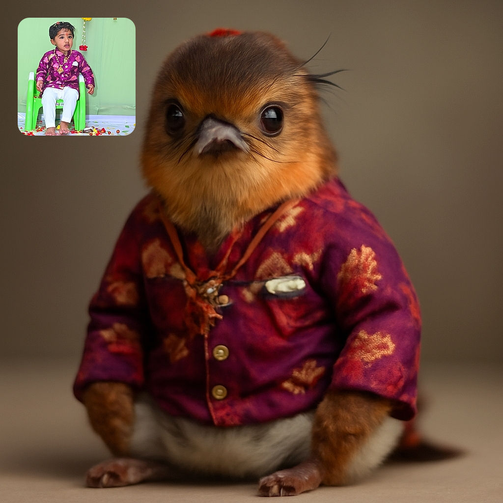 A charming toddler dressed in a vibrant purple floral jacket and white pants sits barefoot on a bright green plastic chair, surrounded by scattered flower petals and treats, looking curiously off to the side with a festive backdrop of colorful decorations.