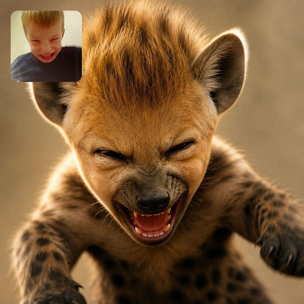 A giggling child leans dramatically toward the camera, eyes squeezed shut and grin blazing like they just heard the world’s funniest joke. The slightly blurry close-up gives the moment an adorably chaotic, candid energy.