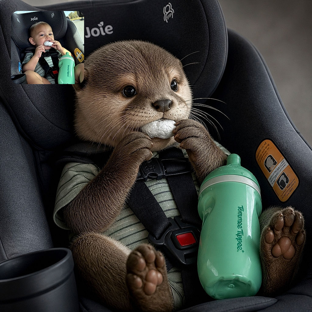 A cheerful toddler is buckled into a car seat, enthusiastically nibbling a frosty snack while a giant mint-green bottle photobombs the scene like it is auditioning to be the baby’s co-star. Sunlit scenery and the sturdy seat make this a very secure little road-trip portrait.