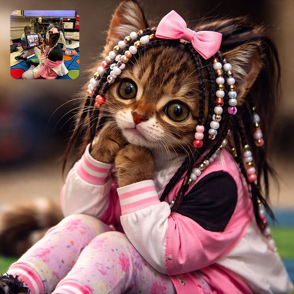 A lively classroom scene where kids are seated on a colorful polka dot carpet, deeply engaged with tablets. One child with vibrant beaded braids and a pink bow is holding a tablet showing a video call with another child's face. The background includes classroom supplies and a large screen, creating a warm, educational vibe.