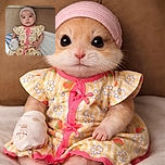 A wide-eyed baby dressed in a cheerful yellow and pink floral outfit lounges on a couch, sporting a cozy hat and a mitten, looking curiously at the camera with a soft, neutral expression.