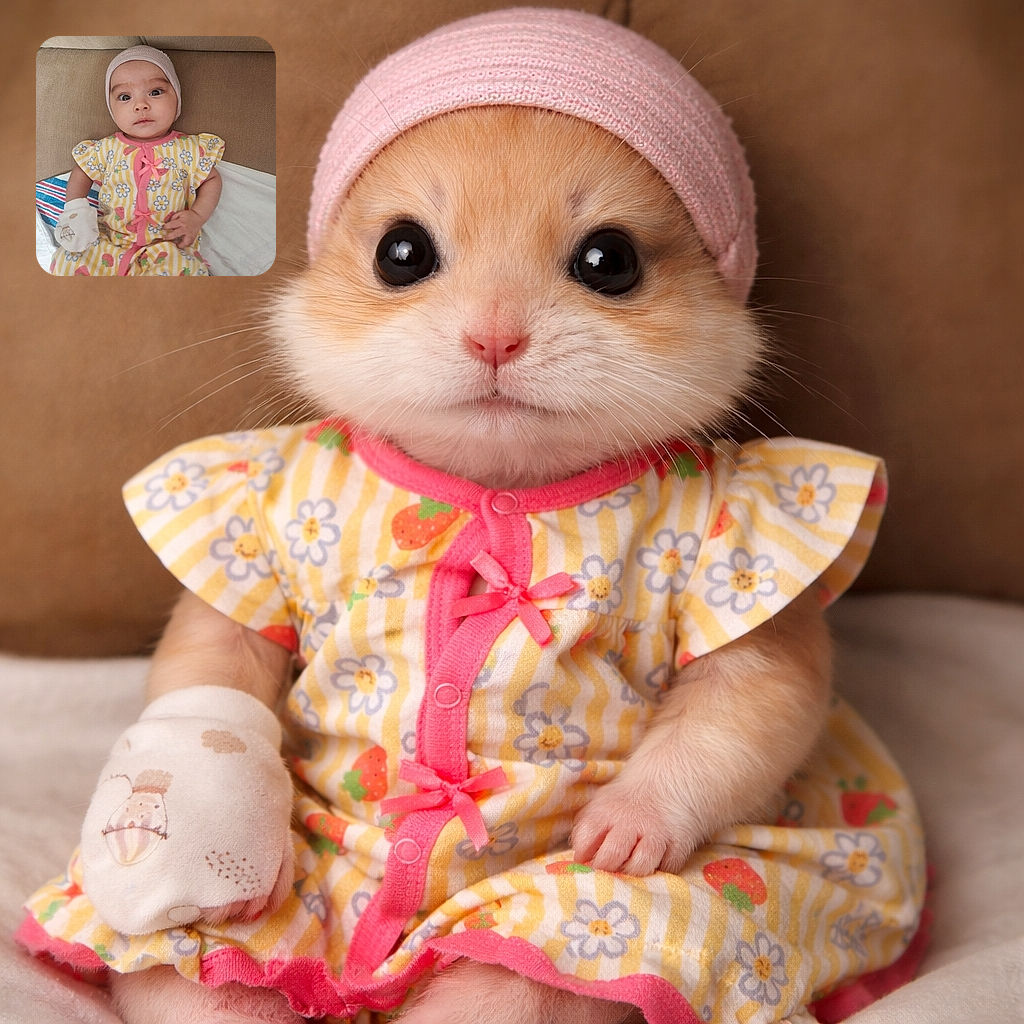 A wide-eyed baby dressed in a cheerful yellow and pink floral outfit lounges on a couch, sporting a cozy hat and a mitten, looking curiously at the camera with a soft, neutral expression.