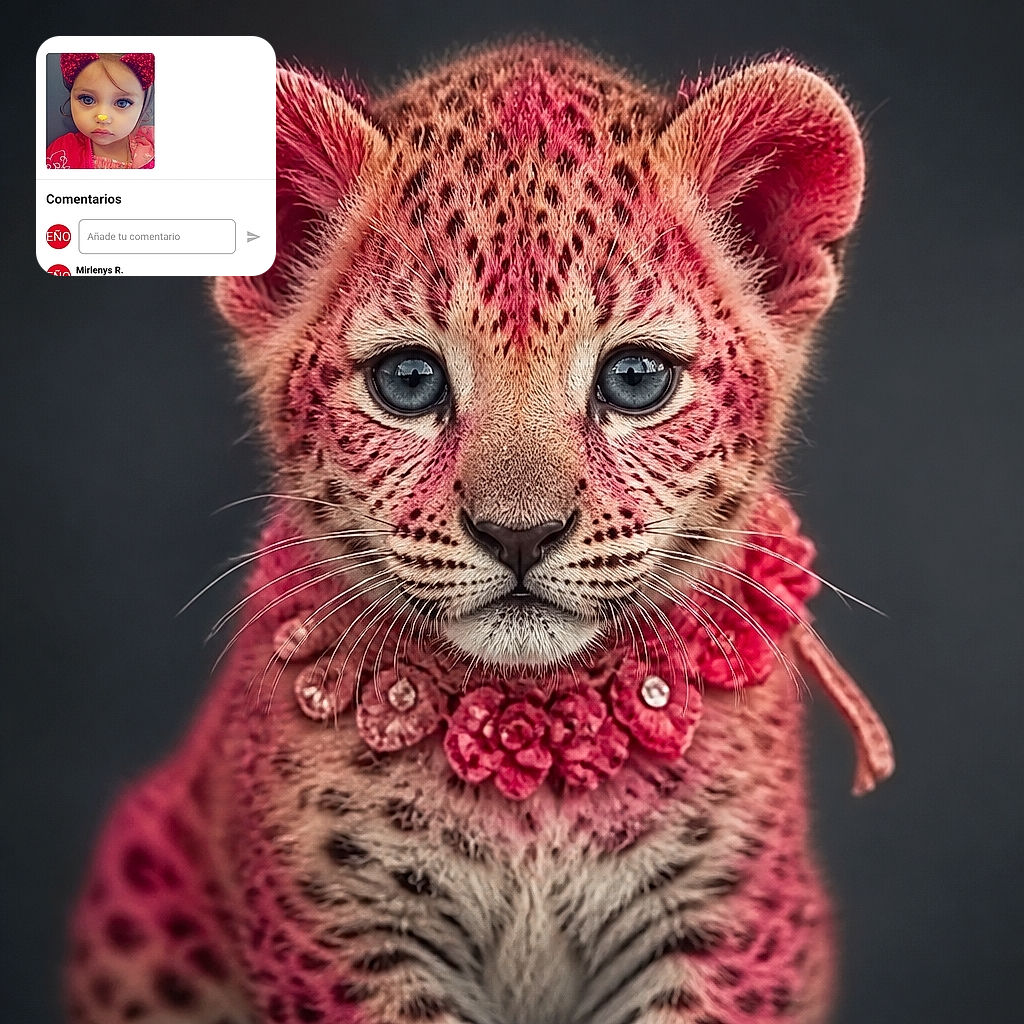 A serious-looking little girl in a sparkling red bow stares into the camera like she has just been appointed CEO of the playroom, while a phone-sharing screen and Spanish comments surround her portrait.