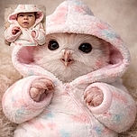 A wide-eyed baby bundled in a fluffy pastel hood looks like a tiny marshmallow detective — curious gaze, puckered mouth, and mittened hands exploring the cozy blanket world.