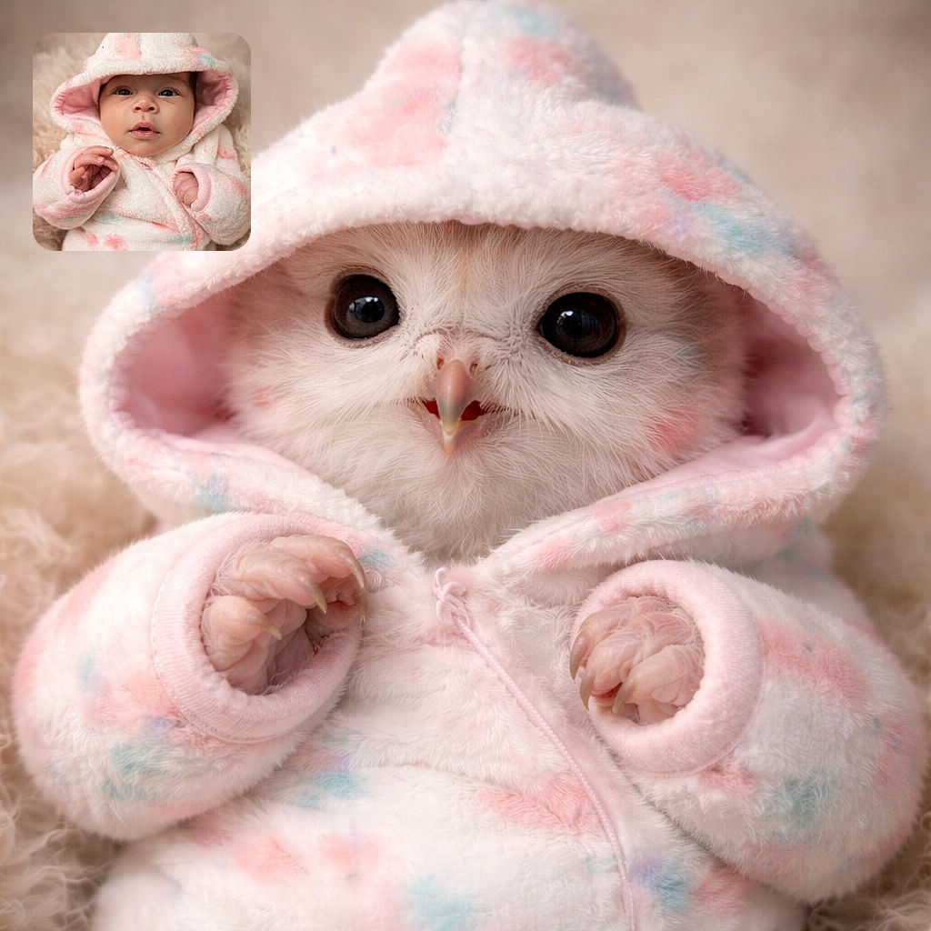 A wide-eyed baby bundled in a fluffy pastel hood looks like a tiny marshmallow detective — curious gaze, puckered mouth, and mittened hands exploring the cozy blanket world.