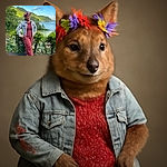 A cheerful young person stands confidently on a scenic overlook, wearing a red floral outfit and a denim jacket, topped with a vibrant flower crown. The backdrop features lush green hills and a calm blue sea under a partly cloudy sky, creating a peaceful tropical vibe.