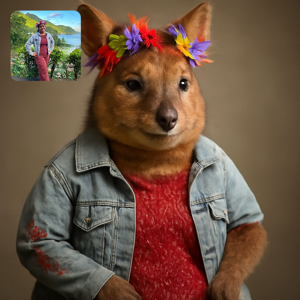 A cheerful young person stands confidently on a scenic overlook, wearing a red floral outfit and a denim jacket, topped with a vibrant flower crown. The backdrop features lush green hills and a calm blue sea under a partly cloudy sky, creating a peaceful tropical vibe.