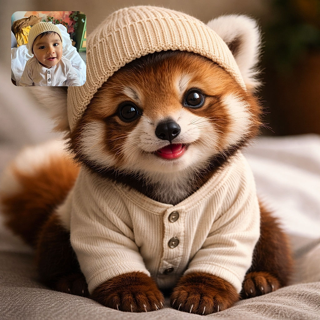 A delighted baby wearing a cozy knit beanie stares up at the camera with enormous curious eyes and a mischievous grin, perched on soft pillows and blankets in a warm, cluttered room — basically plotting snack-time cuteness.