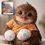 A cute baby dressed in a brown outfit with floral mittens is captured in a cozy setting, looking curiously at the camera. The photo is framed within a social media post overlay that reads 'New Post,' adding a modern and playful touch.