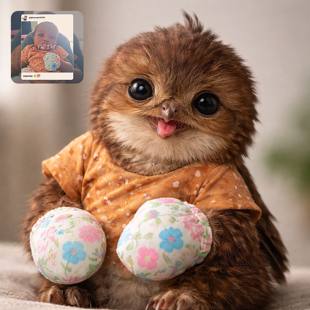 A cute baby dressed in a brown outfit with floral mittens is captured in a cozy setting, looking curiously at the camera. The photo is framed within a social media post overlay that reads 'New Post,' adding a modern and playful touch.