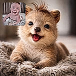 A gleeful baby doing full-on smile attacks while propped on a shaggy blanket, hair standing up like tiny antennae. Warm indoor scene with wooden cabinets in the background, a diaper peeking out, and a joyful face stealing the show.