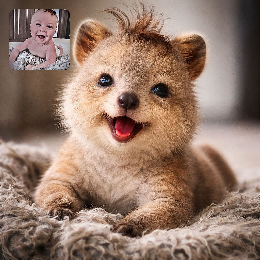 A gleeful baby doing full-on smile attacks while propped on a shaggy blanket, hair standing up like tiny antennae. Warm indoor scene with wooden cabinets in the background, a diaper peeking out, and a joyful face stealing the show.